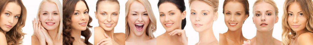 people, portrait and beauty concept - collage of many happy women faces